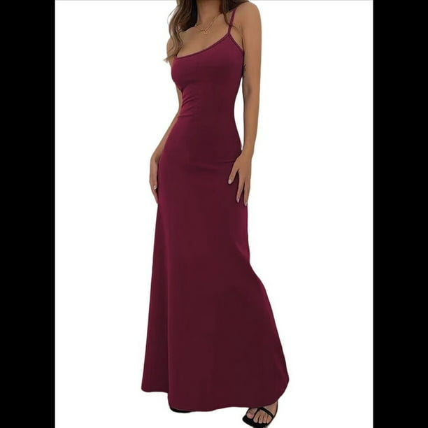 Vestido Básico de Estar por Casa para Mujer, Elegante, Sin Mangas, con Espalda Descubierta, Acanalado, Ajustado y Maxivestido. Vino Tinto M