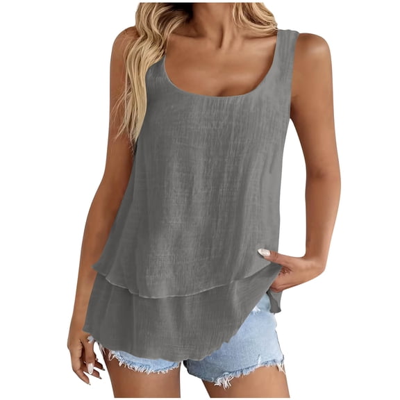 CHGBMOK Women Tank Tops Double Layers Linen Tank Blouse Spring Summer Crew Neck Sleeveless Shirts Loose Fit Casual Cami