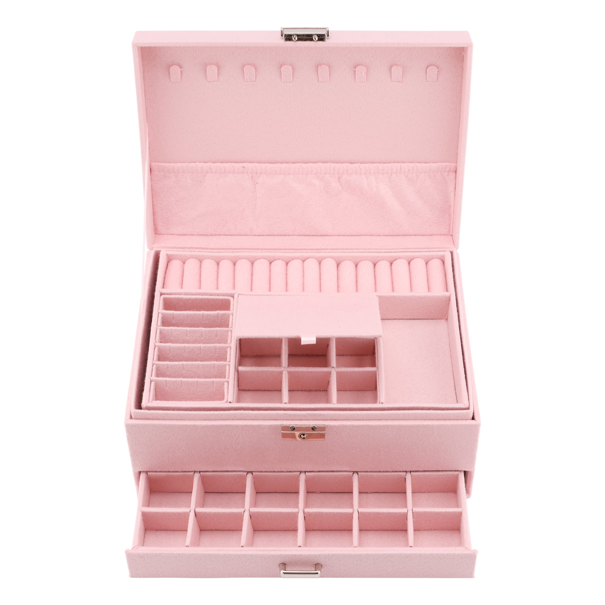 Unique Bargains 3 Layers Jewelry Box Organizer with Drawer Removable Tray Pink
