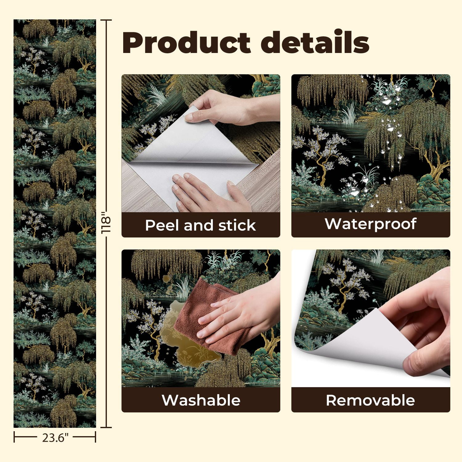 Peel and Stick Wallpaper Elegant Willow Blossom Garden Dark Wall Mural 23.6in x 9.8ft Self Adhesive Removable Wall Paper Renter Friendly Wallpaper for Bedroom Nursery Living Room