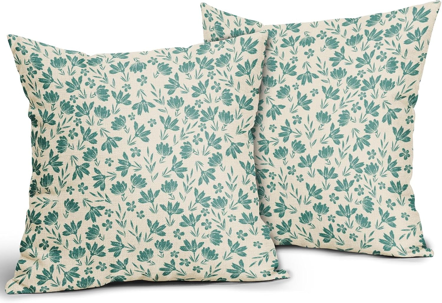 Aqua Floral Pillow Covers 18x18 Set of 2 Vintage Rustic Old Style Cute Small Flower Teal Cream Print Decorative Outdoor Pillowcases Farmhouse Throw Cushion Case Decor for Couch Sofa Bed