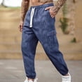 thumbnail image 2 of JUUYY Men's Multi-Pocket Cargo Pants Loose Fit Elastic Waist Drawstring Jogger Pants Outdoor Hiking Travel Casual Long Trousers Blue XL, 2 of 9