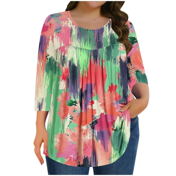 Vynhevius Womens Plus Size Crew Neck 3/4 Sleeve Tops Printed Casual Loose Fit Summer Blouses Shirts