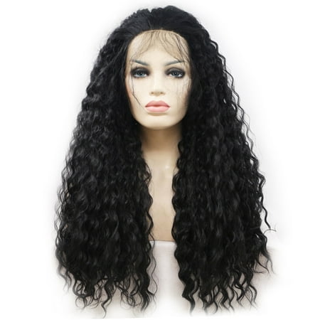 Beroyal Hair Lace Frontal Wigs Long Curly Synthetic Wig Heat Resistant Fiber For Fashion Women 150% Density Black Color, 24