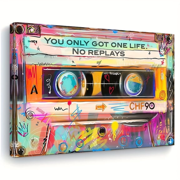2D Flat, Framed, One Wooden Framed Canvas Wall Art of Vintage 80S Cassette Tape Art Print with You Only Live Once Quote, Vibrant Colorful Abstract Music Poster, Ready to Hang Home Decor,