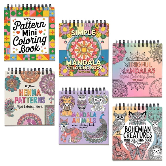 Pattern Mini Coloring Book Spiral Bound for Adult, Pack 6, 3.5” x 3.5” Pocket Size, 40 Coloring Pages Stress & Anxiety Relief, Travel for Women Men