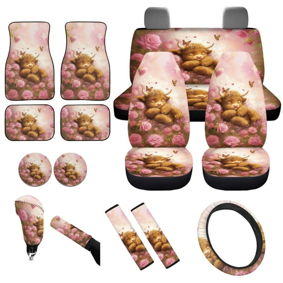 Yuyamidu Highland Cow Car Seat Cover Set of 15 Pink Rose Car Carpet Mats Steering Wheel Cover Seatbelt Shoulder Pad Coaster Automobile Gear Shift Knob Cover Set