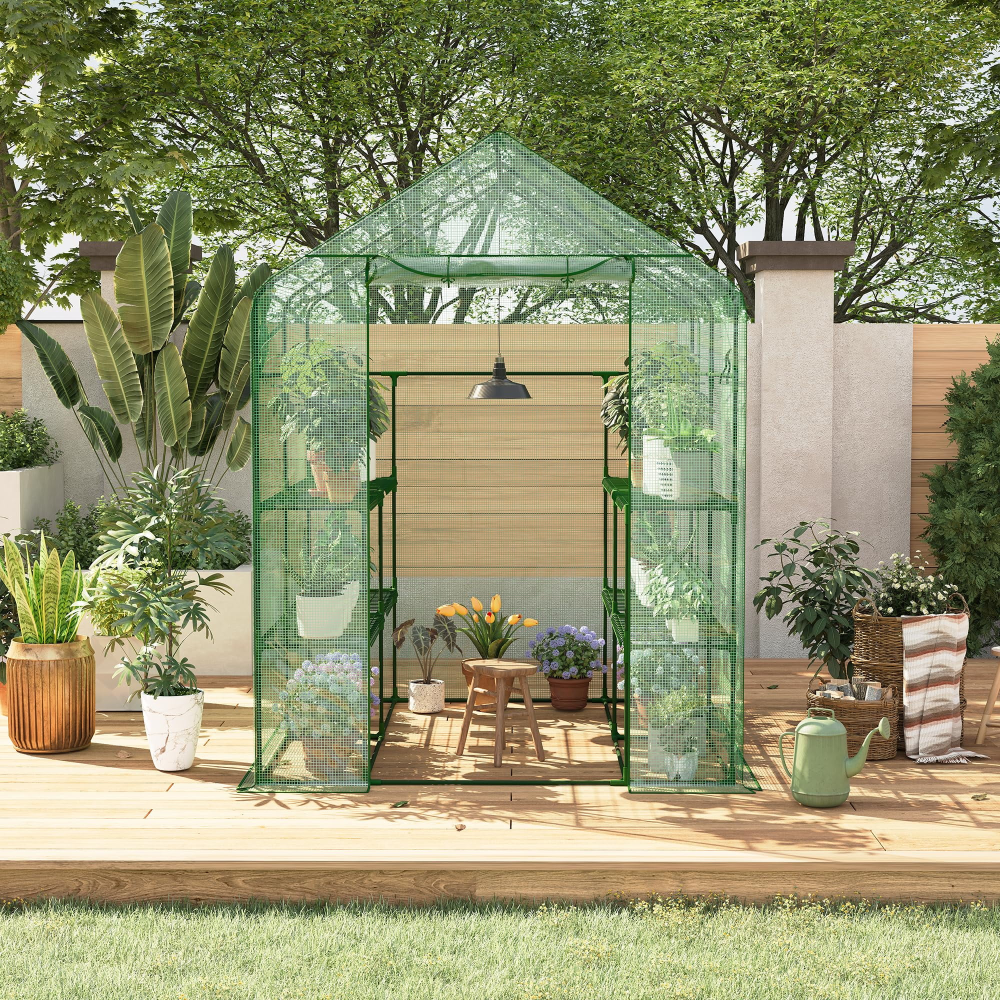 Mini Walk-in Greenhouse with PE Cover, 4-Shelf Indoor Outdoor Plant House for Garden Backyard, 56"x56"x77", Green