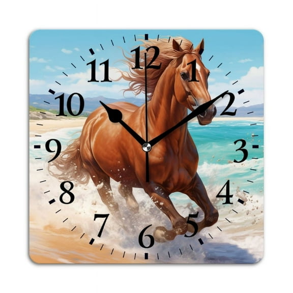 Square Wall Clock,Horse Running Beside Beach In Summer,Silent Non-Ticking Wall Clock Decor for Home Office Kitchen Living Room Bedroom(10inch)