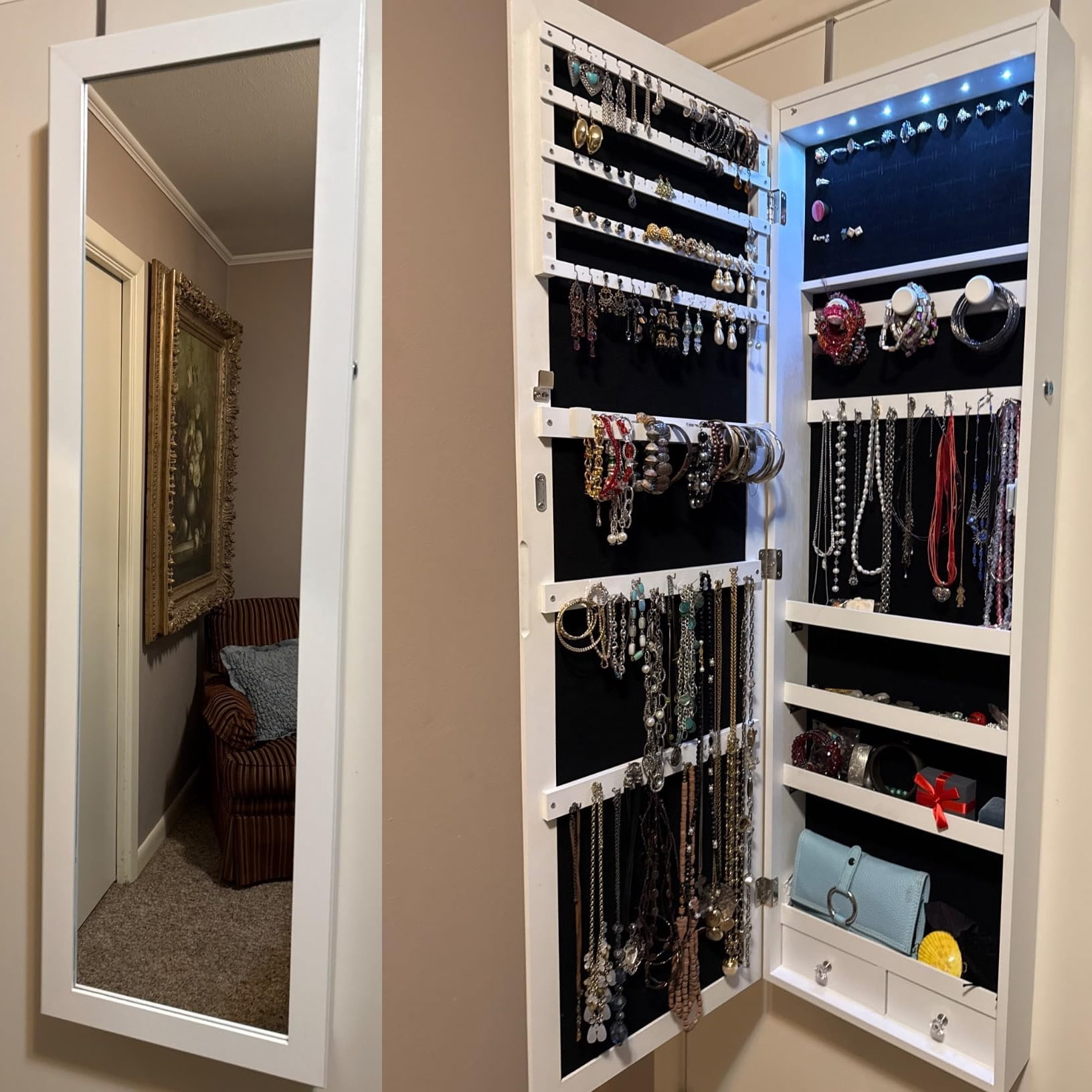 Aidoly Lighted Jewelry Cabinet with Full-Length Mirror, Wall/Door Mounted, 2-Drawer Storage, White