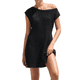 thumbnail image 1 of Vestido Mini de Punto Elástico con Hombros Descubiertos y Mangas para Mujer, Vestido Holgado para Vacaciones, Atuendo Liso. Negro S, 1 of 7