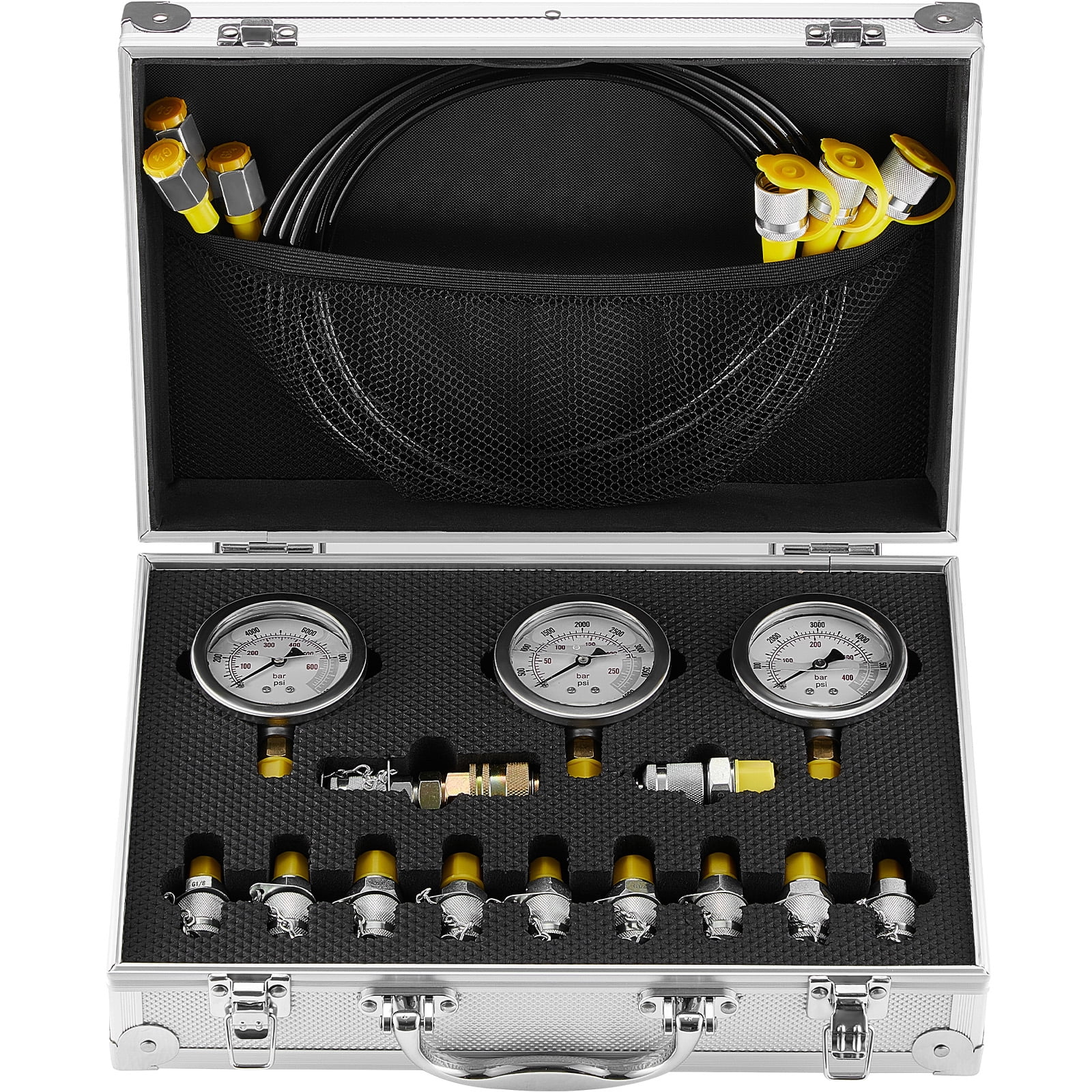 VEVOR Hydraulic Pressure Test Kit 250 400 600bar 3 Gauges 11 Test Couplings 3 Test Hoses Excavator Hydraulic Test Gauge Set with Portable Carrying Case for Excavator Tractors Construction Machinery Wa...