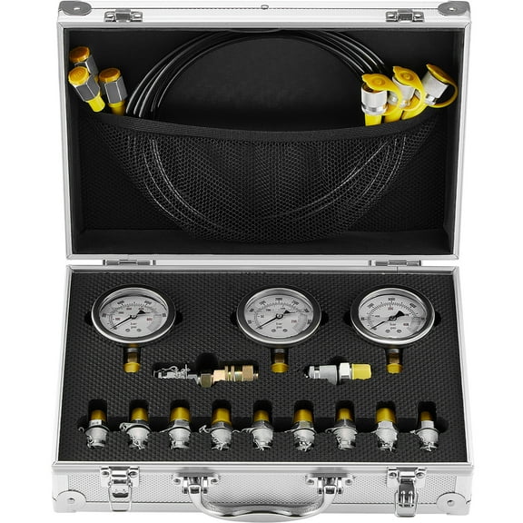 KFFKFF Hydraulic Pressure Test Kit, 250/400/600bar, Includes 3 Gauges, 11 Test Couplings, and 3 Test Hoses, Designed for Excavators, Tractors, and Construction Equipment, with Portable Carrying Case