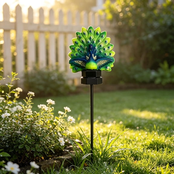 Peacock Ground Light Solar Powered Outdoor Garden Decorative Lawn Lamp| Metal Art LED Stake Light, Auto On/Off, Crackle Glass, Weatherproof, for Patio, Yard, Pathway, 31.5" Tall