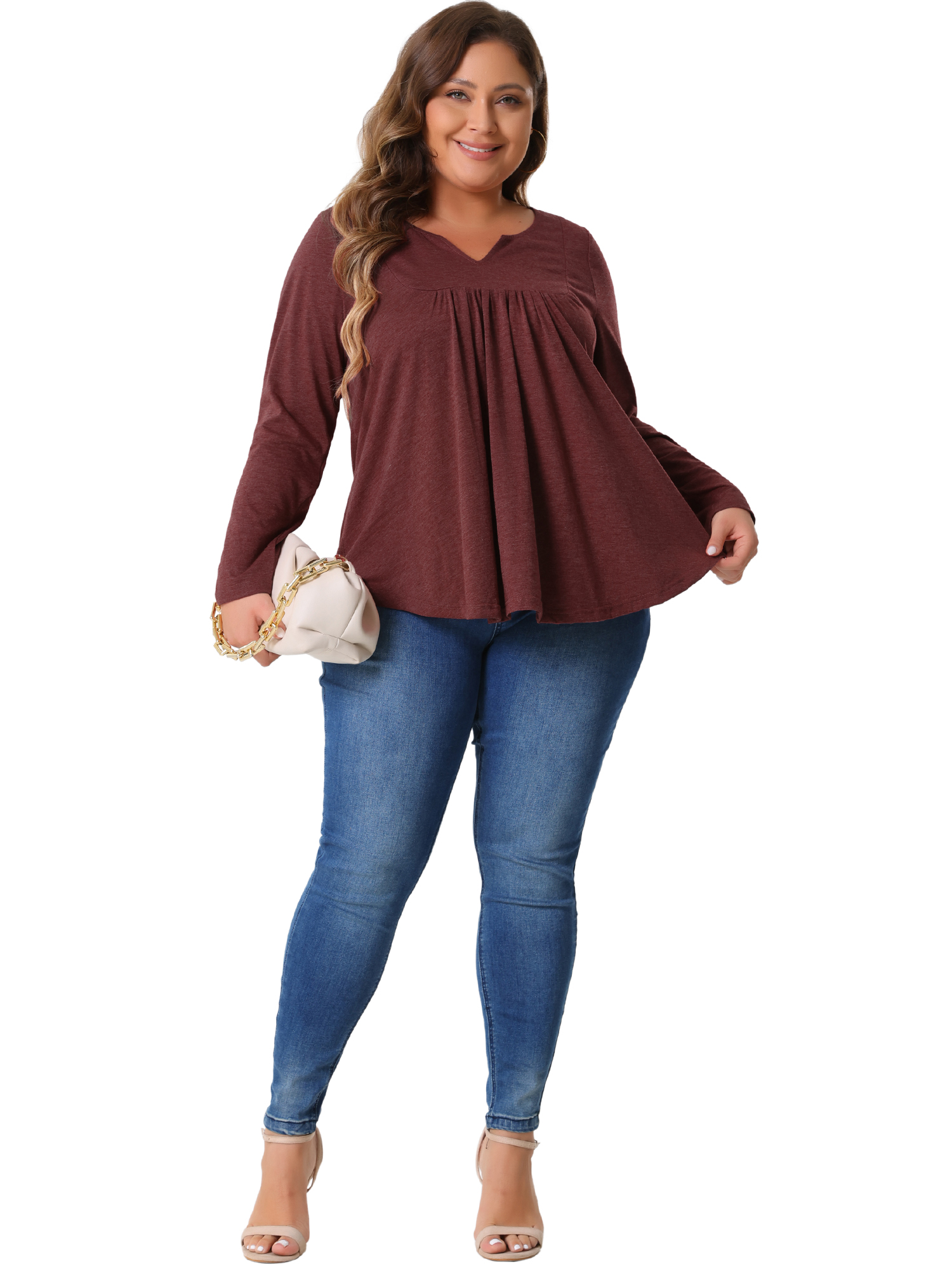 DARING DIVA Women's Plus Tops Notched Neck Front Pleated T-Shirt Blouses 1X Burgundy