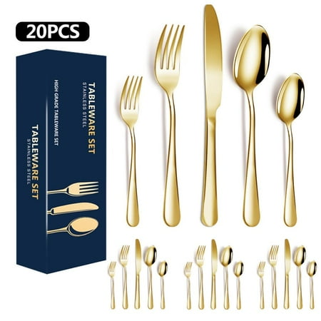 

Golden Silverware Set 20 Pieces Stainless Steel Flatware Set Kitchen Utensil Set Service for 5 Tableware Cutlery Set for Home & Restaurant Dishwasher Safe