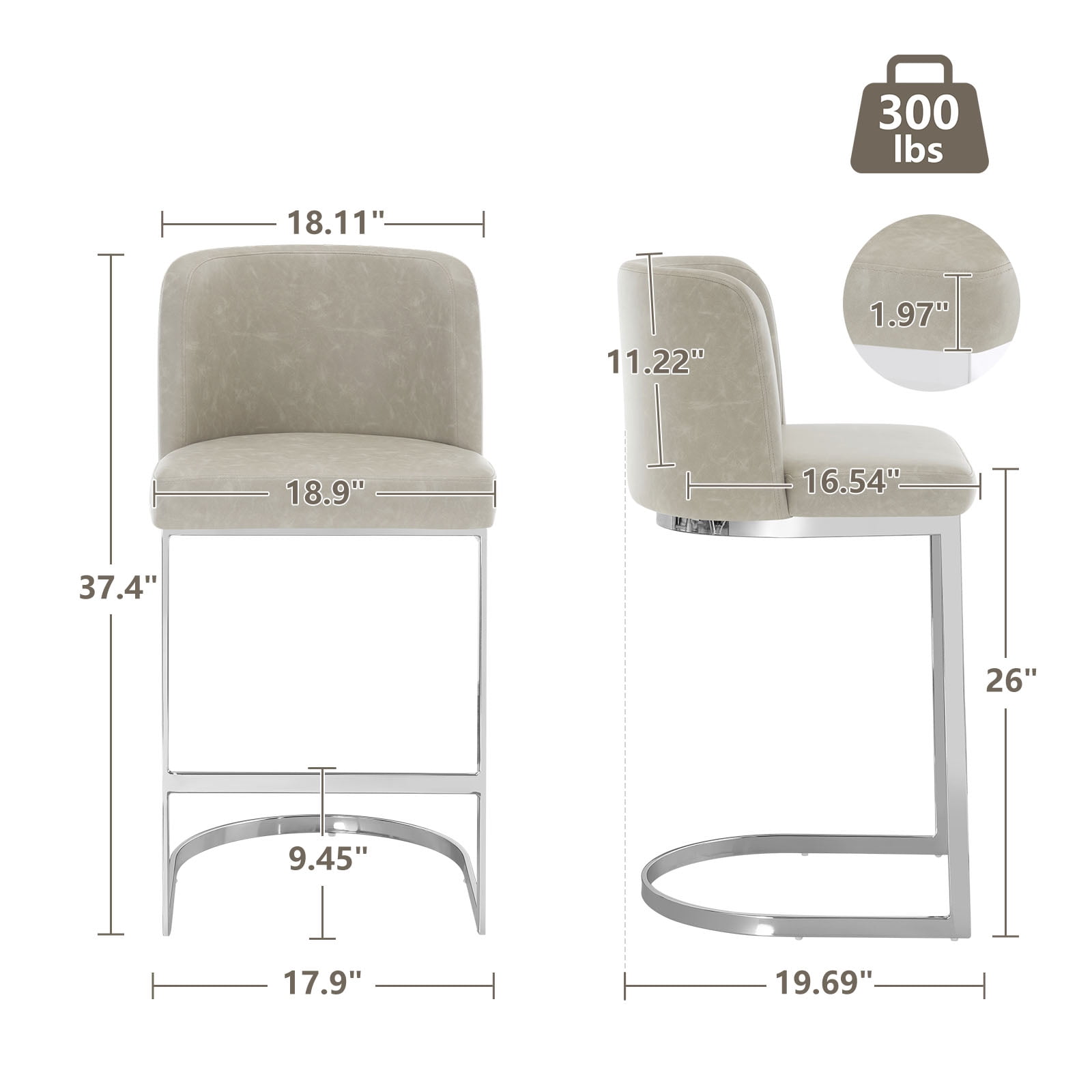 Modern Counter Height Bar Stools Upholstered PU Leather Bar Chairs, Set of 1, 26" with Back and C-Shaped Metal Frame Island Stools for Home Bar Kitchen Pub
