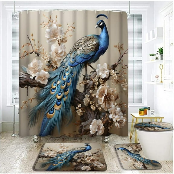 4 Piece Peacock Shower Curtain Sets with Rugs, Toilet Lid Cover,Retro Blue Bird Feather Tail Beautiful Blooming Peony Flower Plant Classic Asian Oil Painting Bathroom Shower Curtain with 12 Hooks