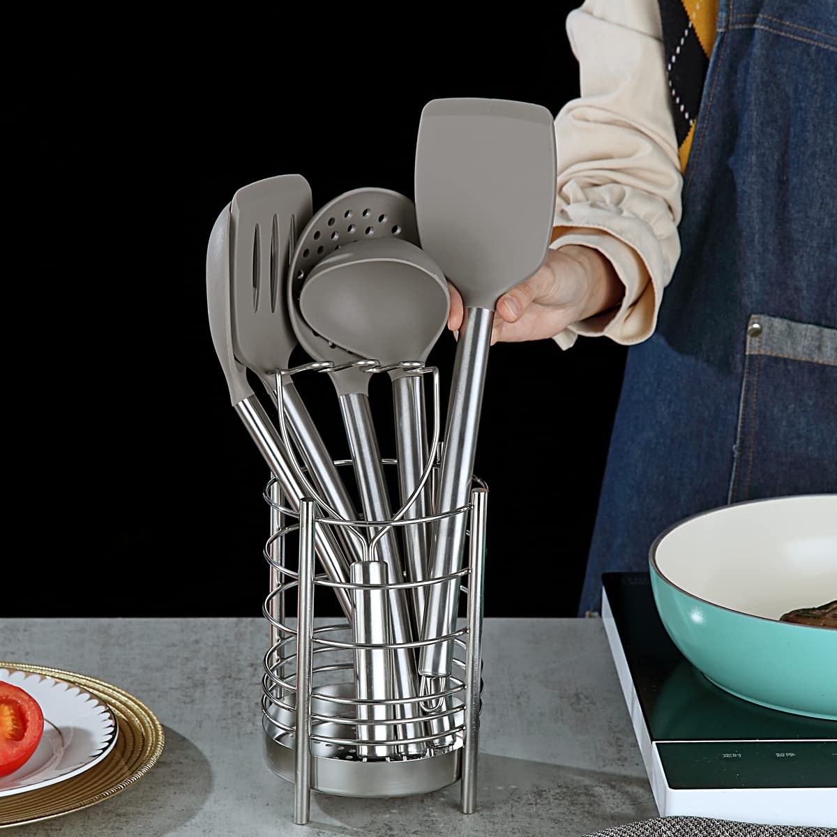 ReaNea Silver 38 Pieces Silicone Kitchen Utensils Set  With Sturdy Stainless Steel Utensil Holder