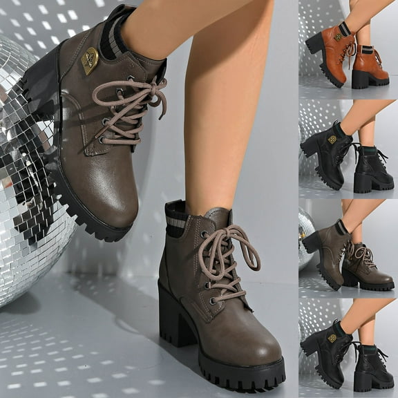 Miluxas Women's Ankle Boots Thick Mid Heel Lace Up Round Toe Platform Ankle Booties Solid Comfortable Combat Boots Gray 9(42)