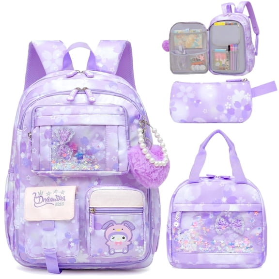 Raistyw Girls Backpack Set 3PCS, Kids Rainbow School Backpack with Lunch Bag and Pencil Case, Lightweight Elementary Bookbag with Multi Pockets, Cute School Bag for Girls