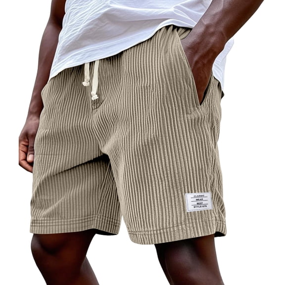 Domuza Men's Casual Corduroy Shorts Elastic Waist Drawstring Classic Comfortable Beach Short with Pockets Beige L