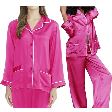 

Pajamas For Women Set Satin Long Sleeve Shirt and Solid Color Pants