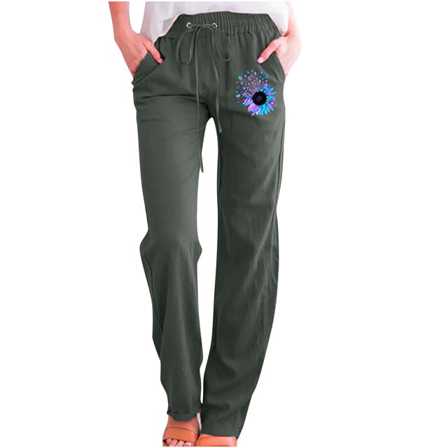 Yuyuzo Womens Cotton Linen Pants Straight Leg Flower Graphic Drawstring High Waisted Lounge Pants Slacks