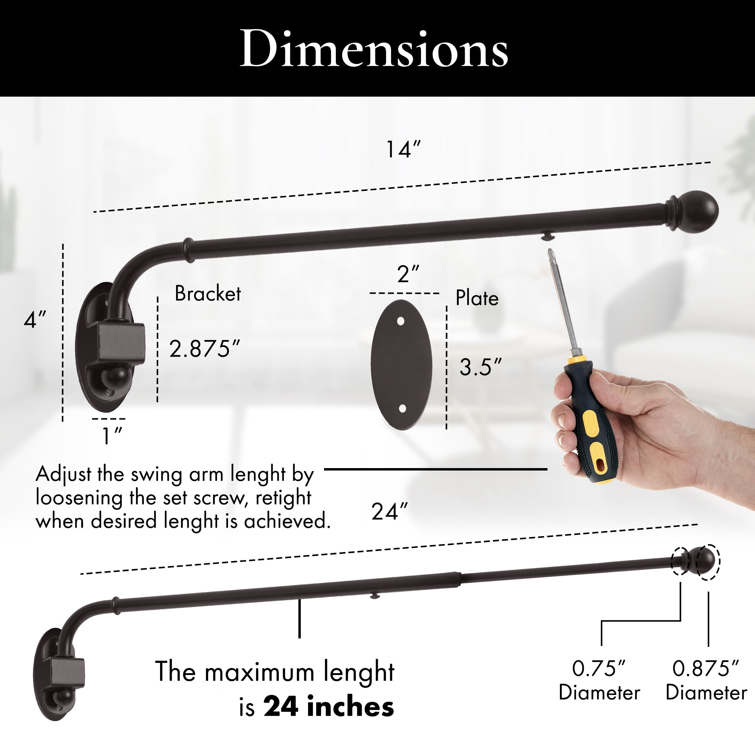 MERIVILLE 14"-24" Swing Arm Curtain Rod, 1/2" Diameter, Oil-Rubbed Bronze, 2 Pieces