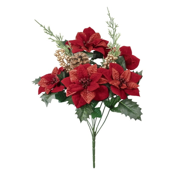 16-inch Artificial Silk Red & Gold Pointettia & Berry Holiday Bush, for Indoor Use, by Mainstays