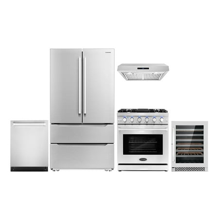 Cosmo 5 Piece Kitchen Appliance Package with 30  Freestanding Gas Range 30  Under Cabinet Mount 24  Built-in Fully Integrated Dishwasher French Door Refrigerator & 48 Bottle Wine Refrigerator