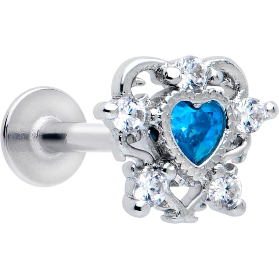 Body Candy 16 Gauge 5/16 Blue Clear CZ Gem Heart Pair Labret Monroe Tragus Stainless Steel for Women