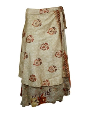 Mogul Women Beige Wrap Skirt 2 Layer Printed Indian Vintage Sari Reversible Beach Wear Sarong Wrap Around Skirts