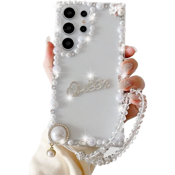 for Samung Galaxy S24 Ultra Case, Pearl Flower Artificial Diamond Sparkle Rhinestone Phone Protective Case Phone Case with Crystal Bracelet Wrist Lanyard Strap for Galaxy S24 Ultra (Clear)