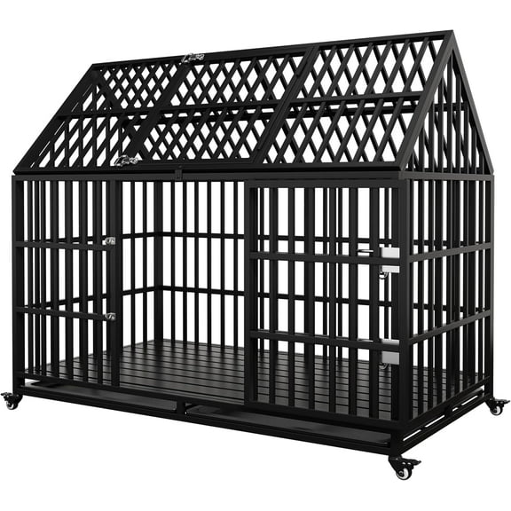54" Heavy Duty Dog Crate Large Dog cage Strong Metal Dog Kennels and Crates for Large Dogs Top Open with 2 Doors 4 Lockable Wheels 2 Removable Trays