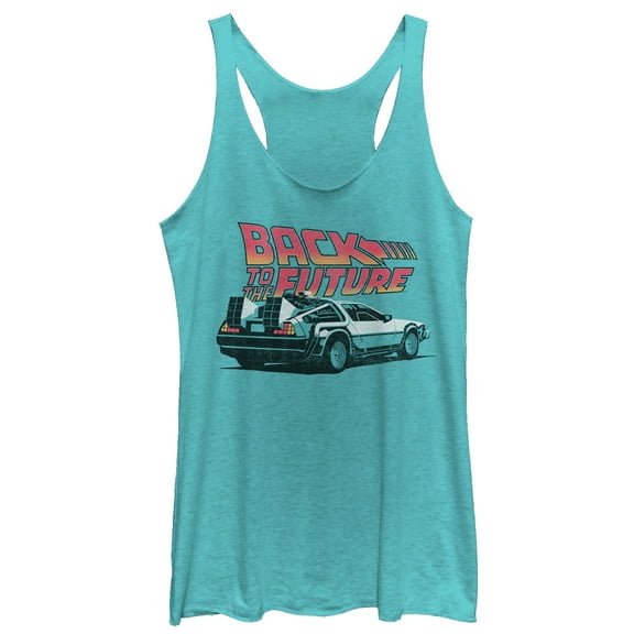Women's Back to the Future DeLorean Cartoon Racerback Tank Top Tahiti Blue X Large