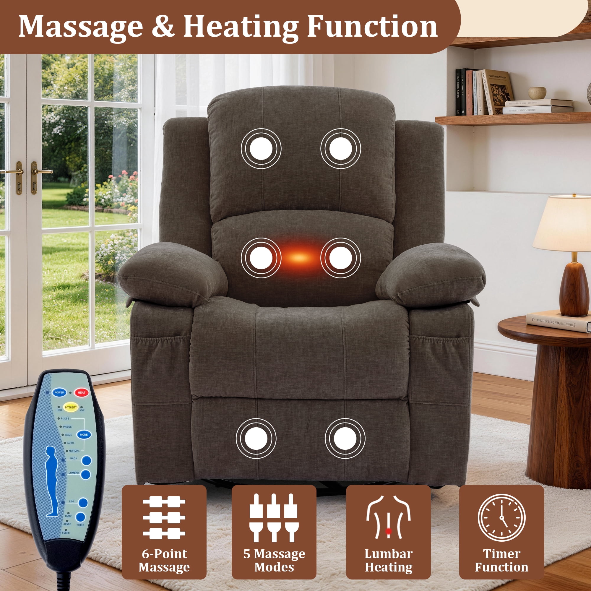 GEEYOO Swivel Rocker Recliner Chair with Massage and Heat Glider Recliner for Adults with Side Pockets Chenille for Living Room,Brown
