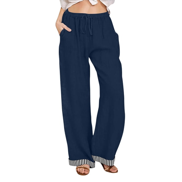Pantalones Anchos Sueltos para las Mujeres Pantalones Rectos Sueltos Elásticos de Raya Casual con Bolsillo