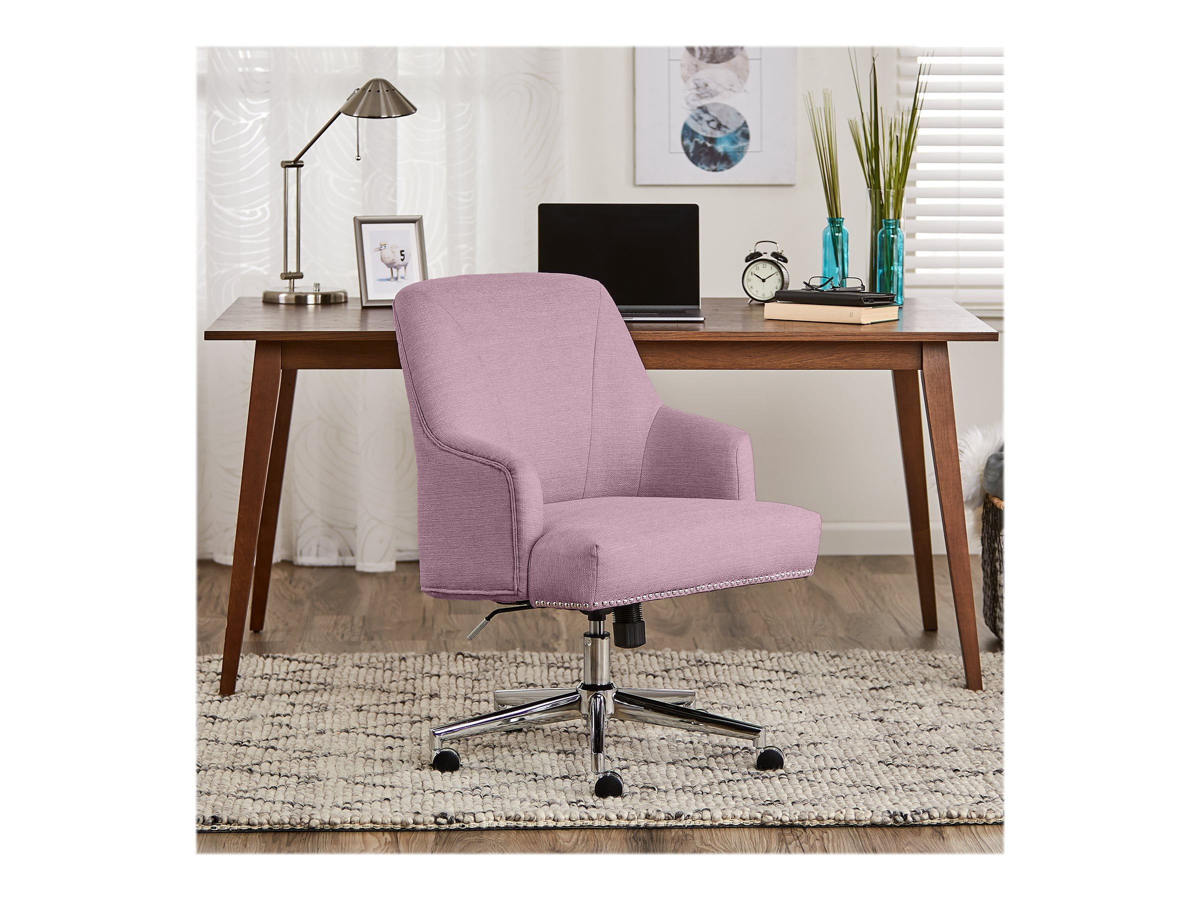 Serta Leighton Home Office Desk Chair, Stylish Mid-Back with Chrome Nailheads, Memory Foam Cushion and Padded Arms, Modern Vanity Armchair, Swivel Base, Twill Fabric, Lilac Purple