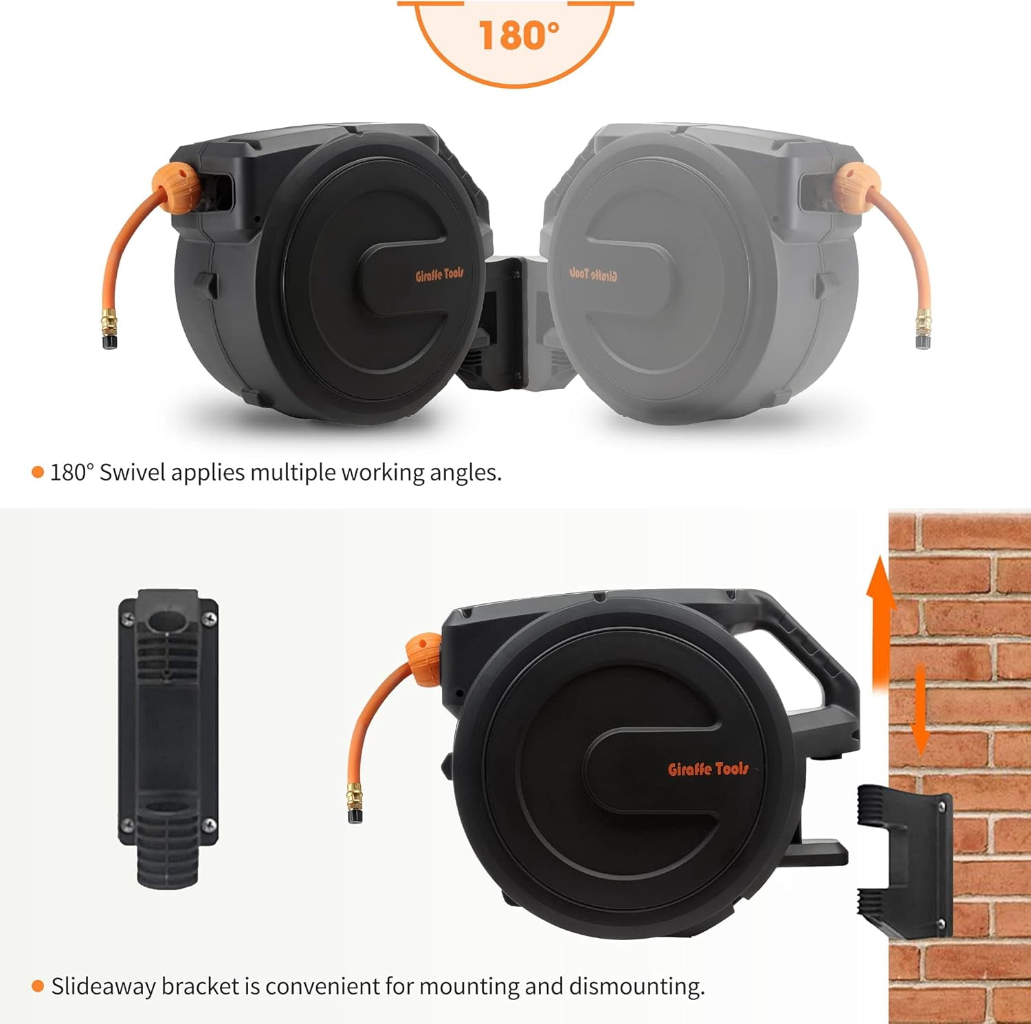 Giraffe Tools Retractable Air Hose Reel, 3/8in-50 ft, Wall Mounted with 180° Swivel Bracket, Compressor Hose Reel, 300 PSI