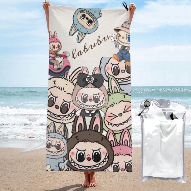 Toalla de playa Labubu, suave, de secado rápido, resistente a la arena, para natación, piscina, yoga, gimnasio, camping, toallas de baño ligeras, regalo para niños, niñas, niños y adultos, 31,5 x 63