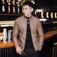 thumbnail image 4 of Chaqueta de cuero para hombre, chaqueta de cuero sintético para motocicleta, de negocios, de invierno, con cuello alto, informal, cortavientos, abrigo ajustado, 4 of 5