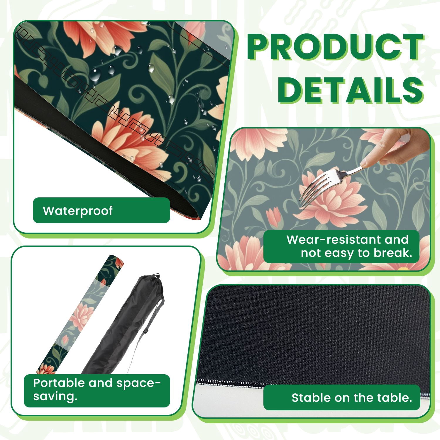 Mahjong Mat 31.5" x 31.5" Floral Peach Coral Blossoms Dark Green Non-Slip Noise Reduction American Mahjong Tiles Table Cover for Dominoes Poker Card Board Games Gift