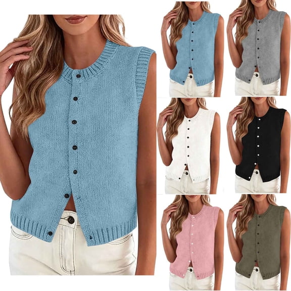 Ashirexll Sleeveless Tops for Women, Summer Casual Knitted Sleeveless Cardigan Vest Short Versatile Waistcoat