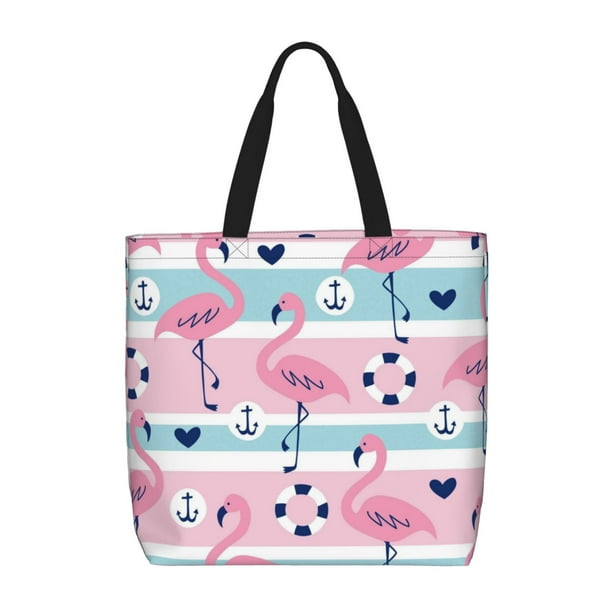Balery Pink Striped Flamingo Bolsa de Mano para Mujeres con Cremallera, Bolsa de Gimnasio con Compartimentos, Bolsa para Laptop, Bolsa para Trabajo