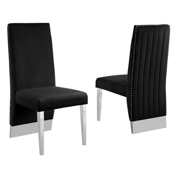 Black Tufted Velvet Accent Side Chairs with Silver Chrome Detailing (Set of 2)