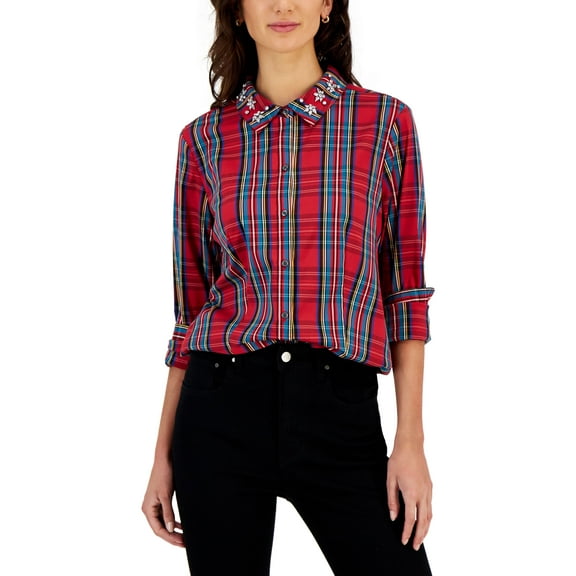 Women's Embellished-Collar Shirt Ravishing Red Combo 6