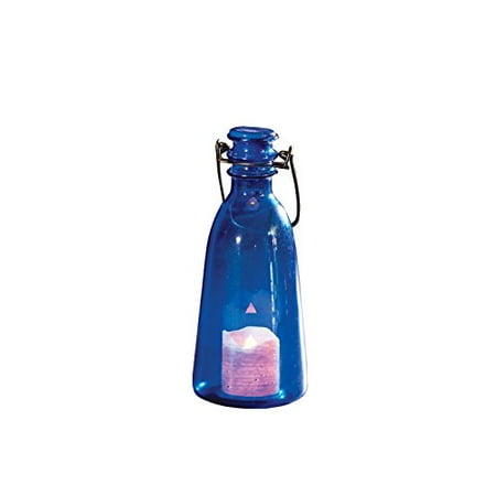 Latigo Handle Light - Roman Lights LED Candle in a Blue Glass Bottle with Cap and Wire Handle with Batteries, 7.5-Inch