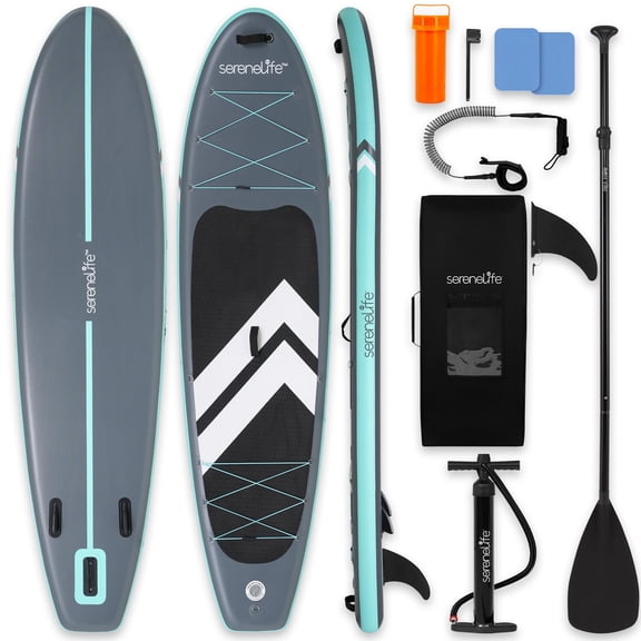 SereneLife 10'6" Inflatable Stand Up Paddle Board, 33" Wide, Non-Slip EVA Deck, 350 lb Capacity, Pump, 3-Piece Paddle, 3 Fins