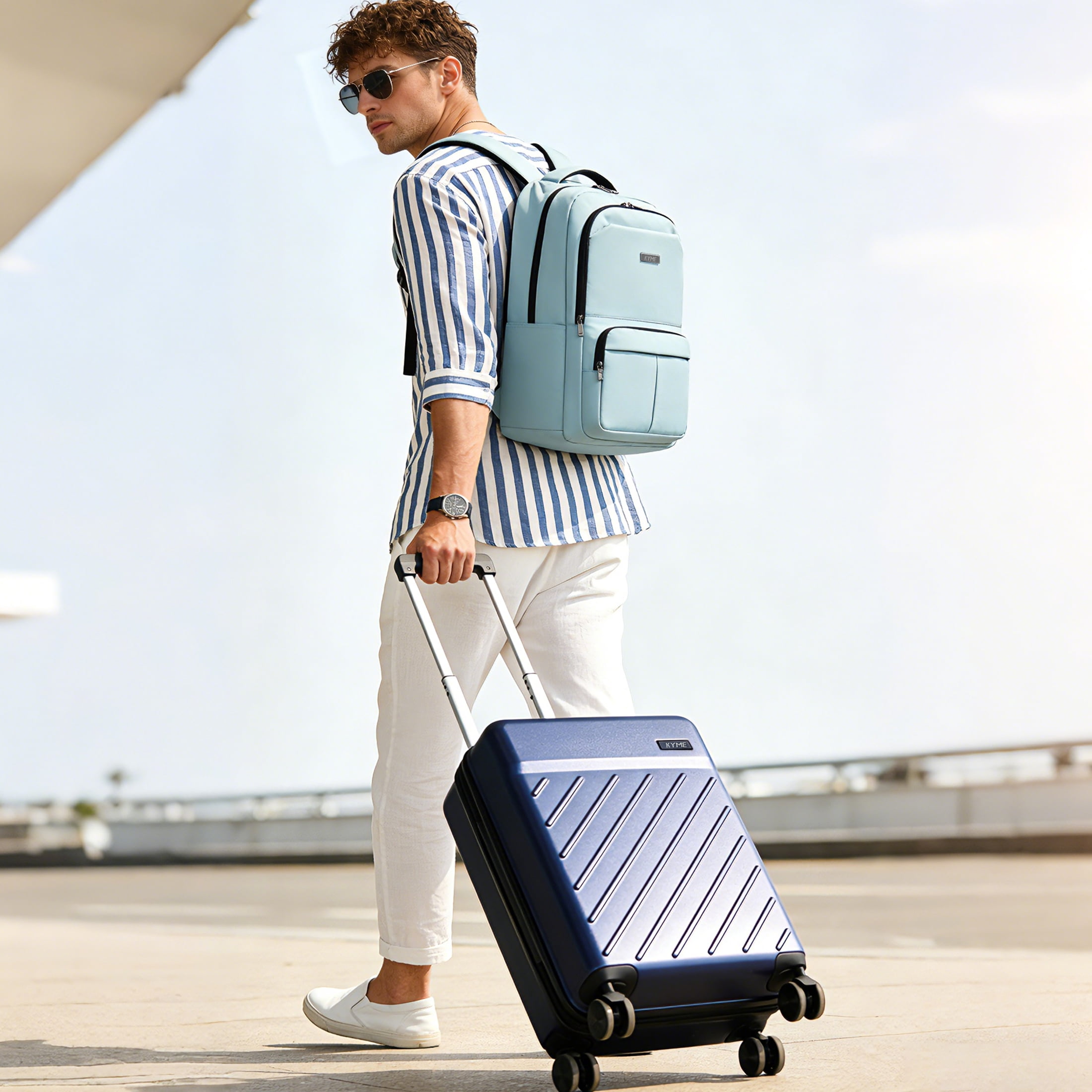 20" Hardside Carry-on Luggage, 2-Piece Set (Luggage and Backpack), Hardshell Suitcase with Divider Pockets, Four Multi-Directional Spinner Wheels, Scratch-Resistant Surface, Navy Blue